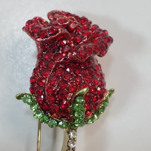 Vintage Metal & Red Green Encrusted Rhinestones Flower Rose Brooch Pin Jewelry - Thumbnail 3