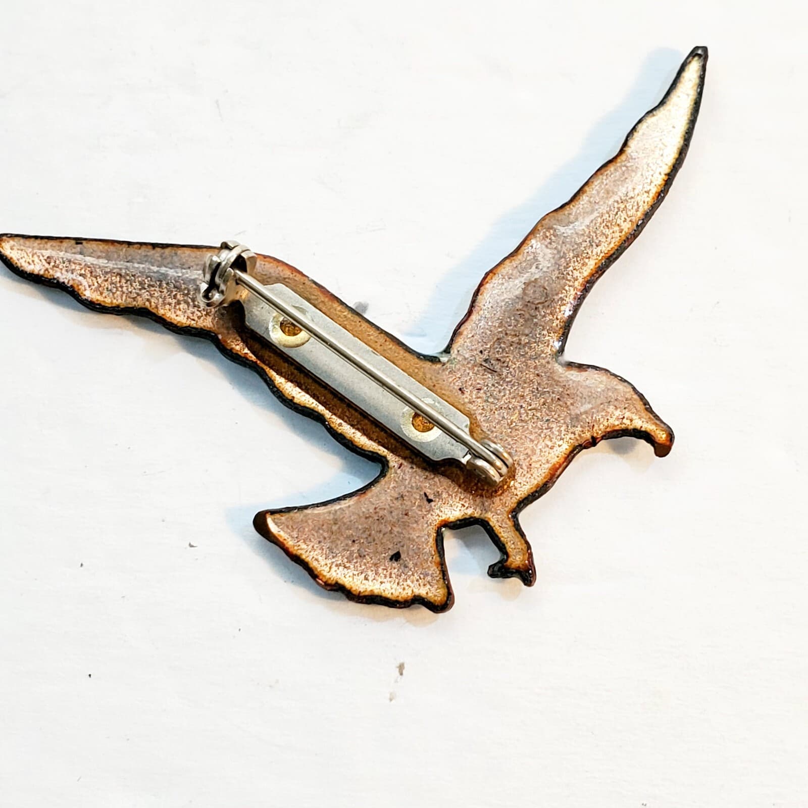 Vintage Enamel Over Copper Flying Seagull Brooch Pin Bird Nautical Beach Ocean - Thumbnail 2