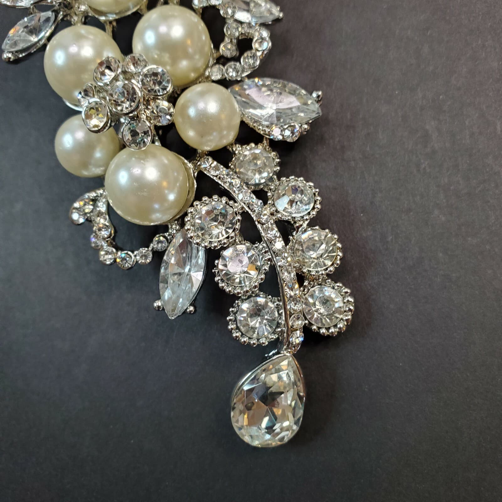 Vtg Silver Tone Cluster Faux Pearls Rhinestones Floral Spray Brooch or Pendant - Thumbnail 3