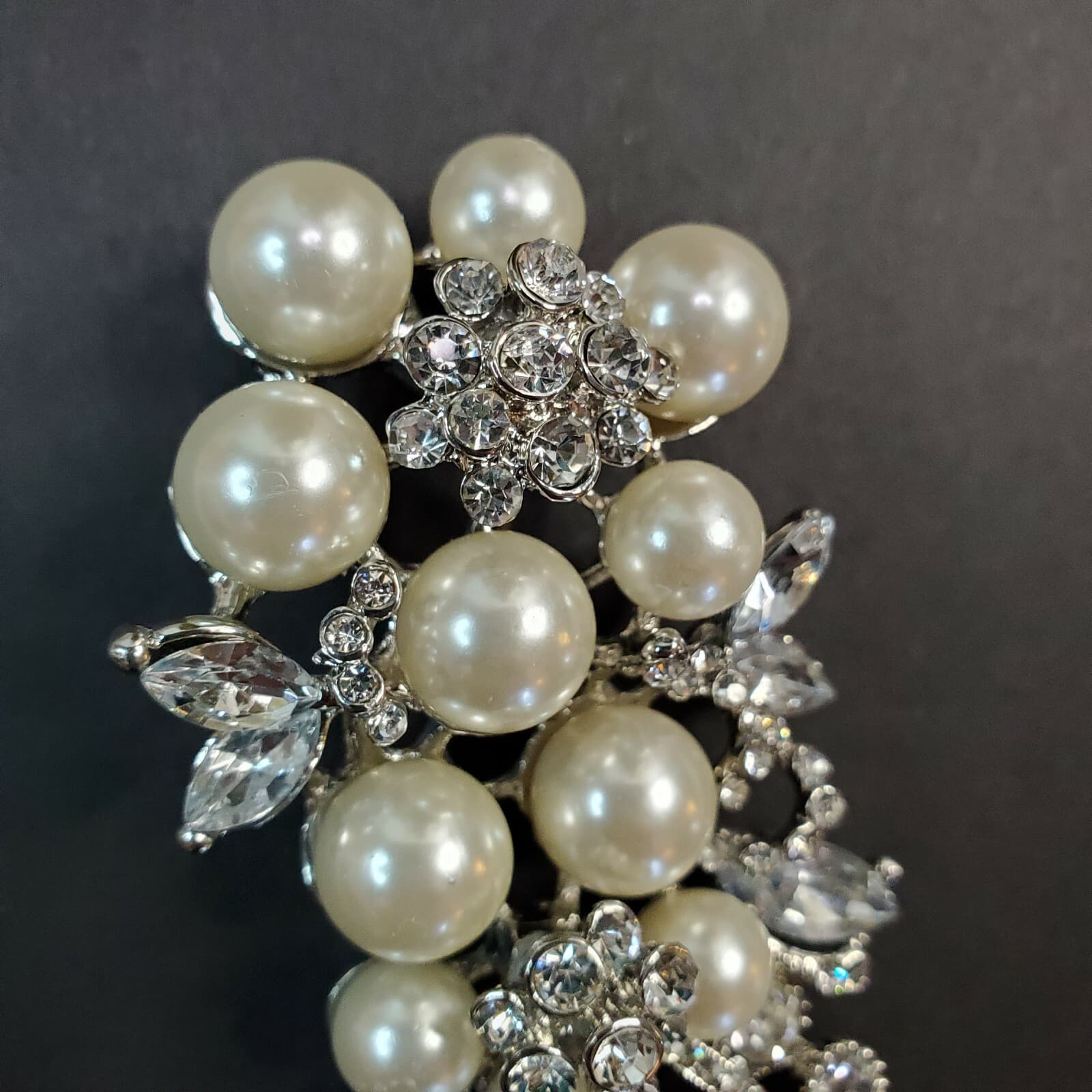 Vtg Silver Tone Cluster Faux Pearls Rhinestones Floral Spray Brooch or Pendant - Thumbnail 2