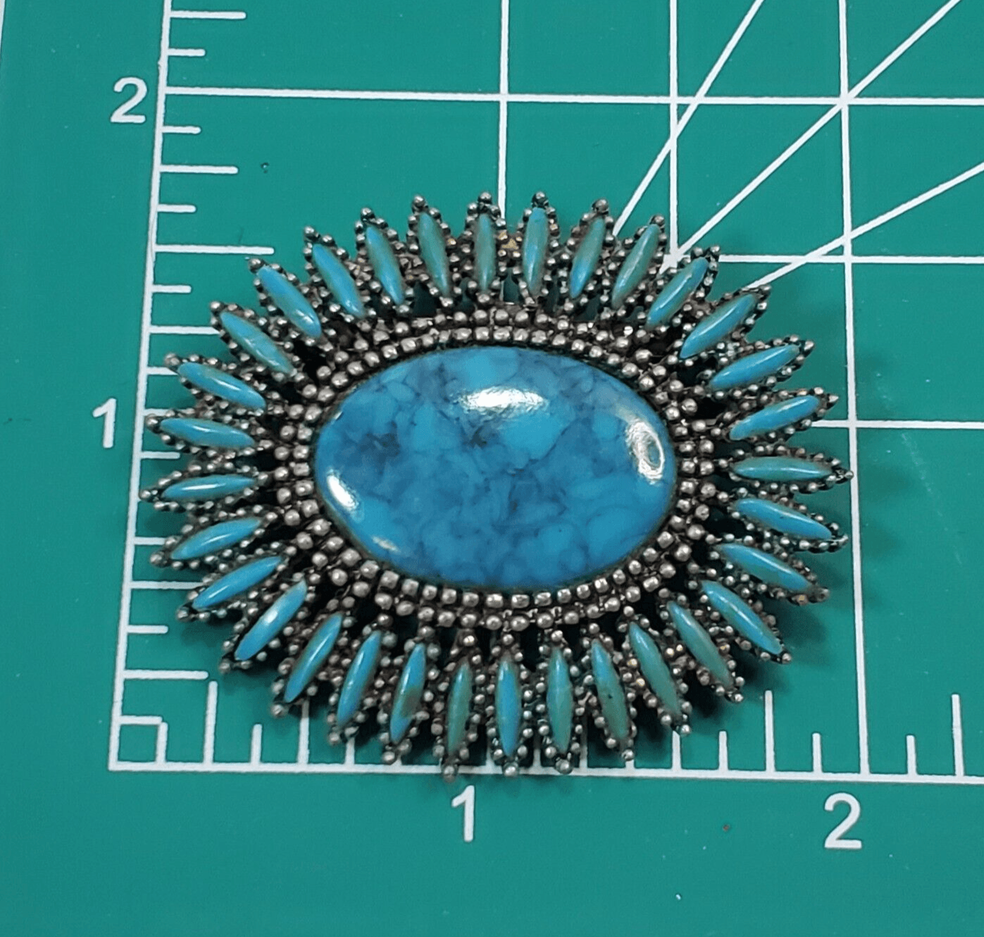 Vintage Petit Point Faux Turquoise Cabochon Southwestern Starburst Brooch Pin - Thumbnail 3