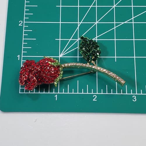 Vintage Metal & Red Green Encrusted Rhinestones Flower Rose Brooch Pin Jewelry - Thumbnail 5