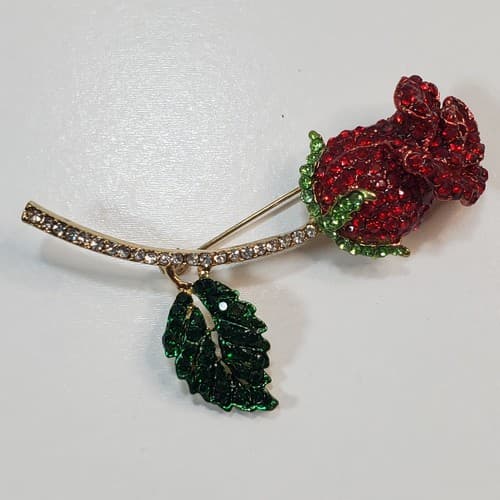 Vintage Metal & Red Green Encrusted Rhinestones Flower Rose Brooch Pin Jewelry - Thumbnail 2