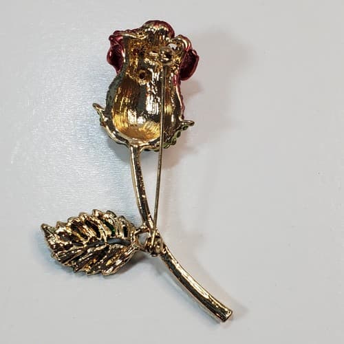 Vintage Metal & Red Green Encrusted Rhinestones Flower Rose Brooch Pin Jewelry - Thumbnail 4