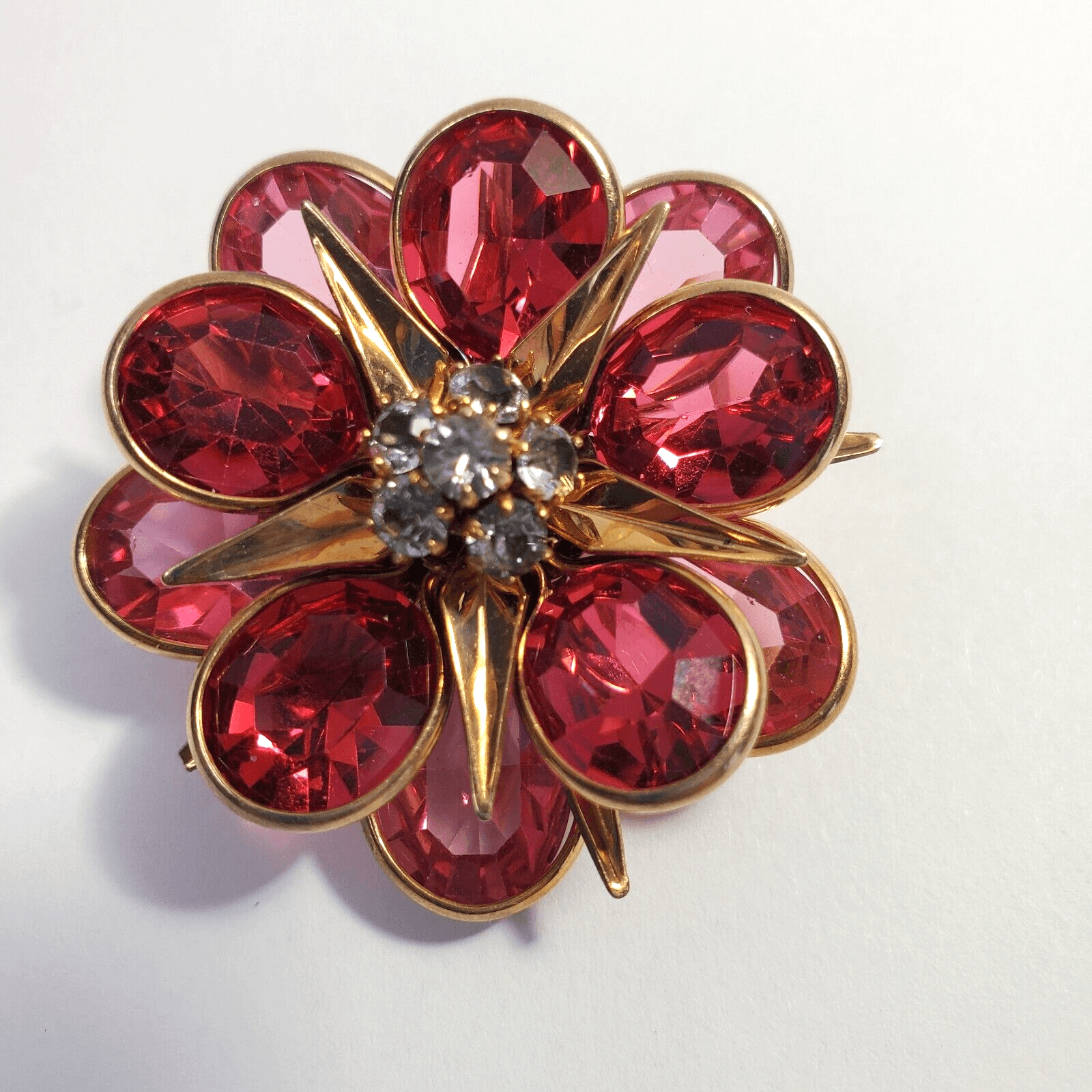 Vtg MCM Signed CRC 1/20 12K GF Faceted Rhinestone Atomic Starburst Flower Brooch