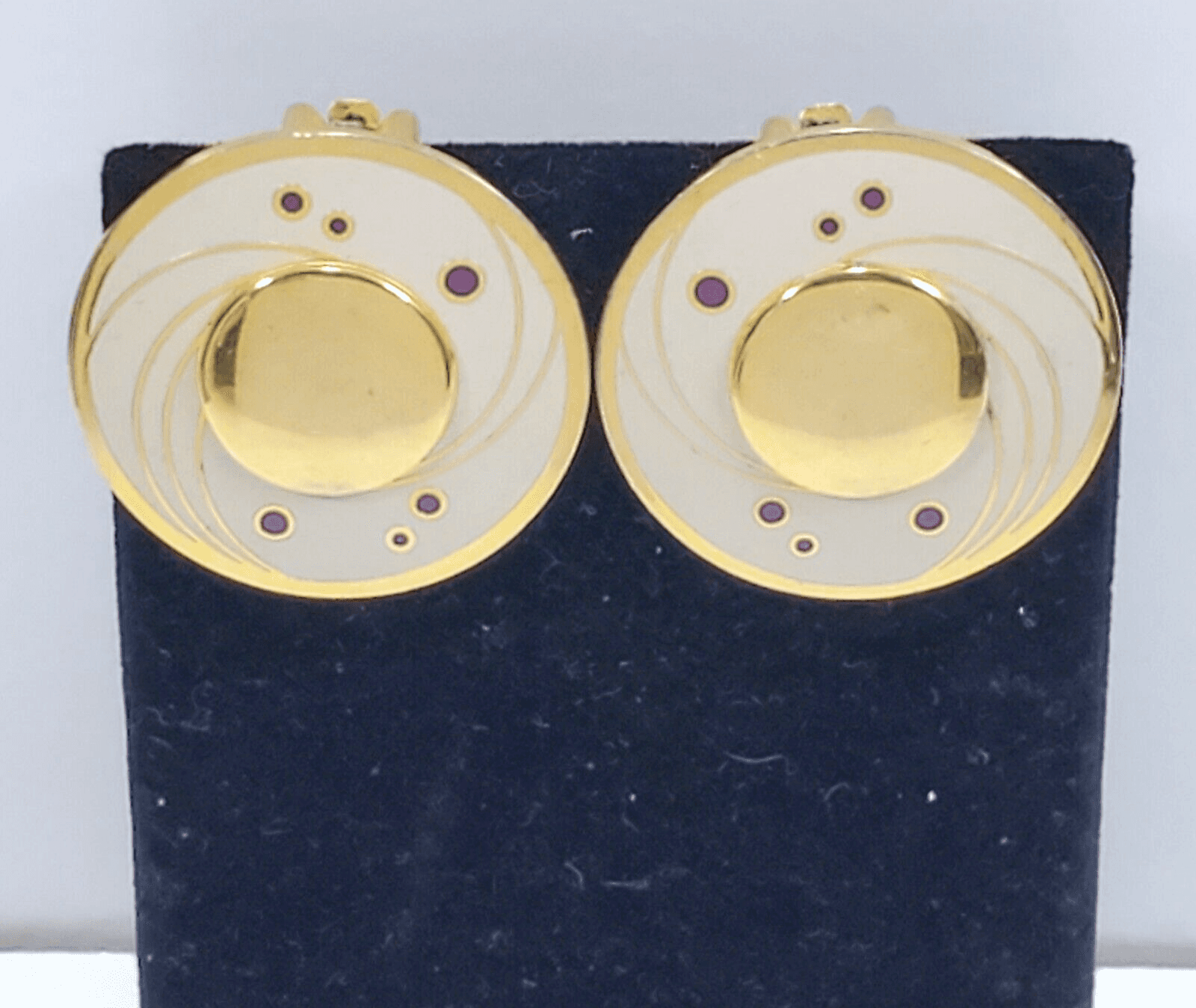 Vintage Art Deco Isle of Skye Signed Gold Tone White Enamel Celestial Earrings