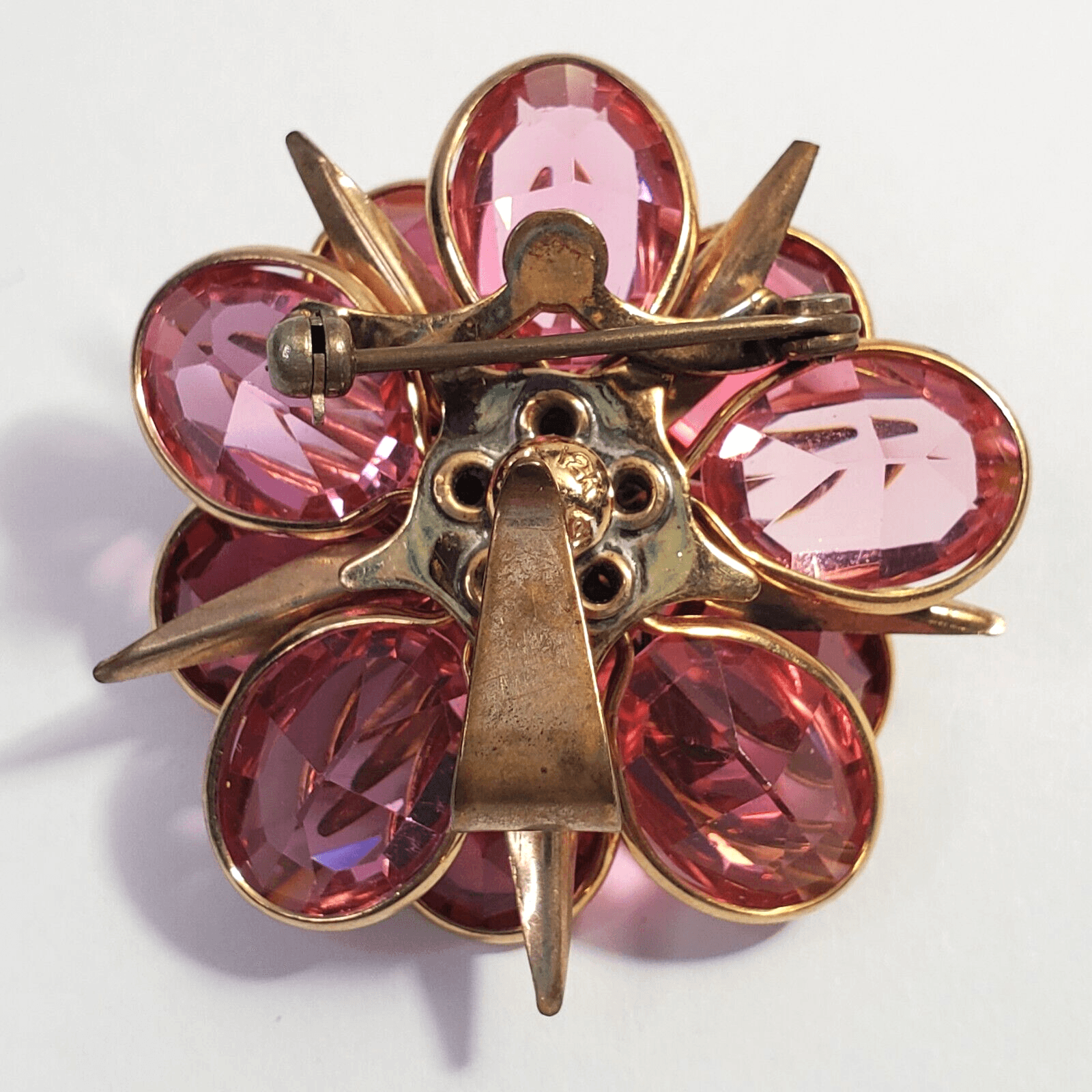 Vtg MCM Signed CRC 1/20 12K GF Faceted Rhinestone Atomic Starburst Flower Brooch - Thumbnail 2