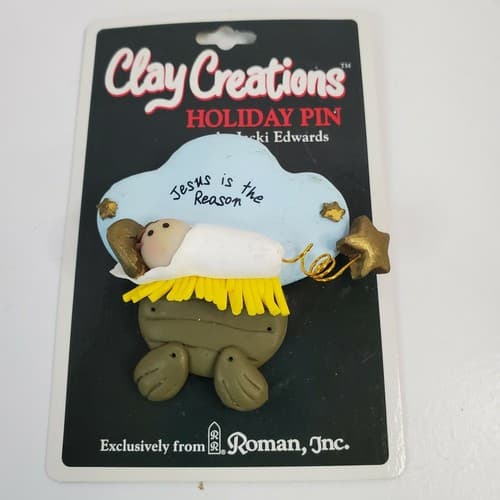 Vtg Romans Clay Creations Jesus Is The Reason Holiday Christmas 3D Pin Brooch
