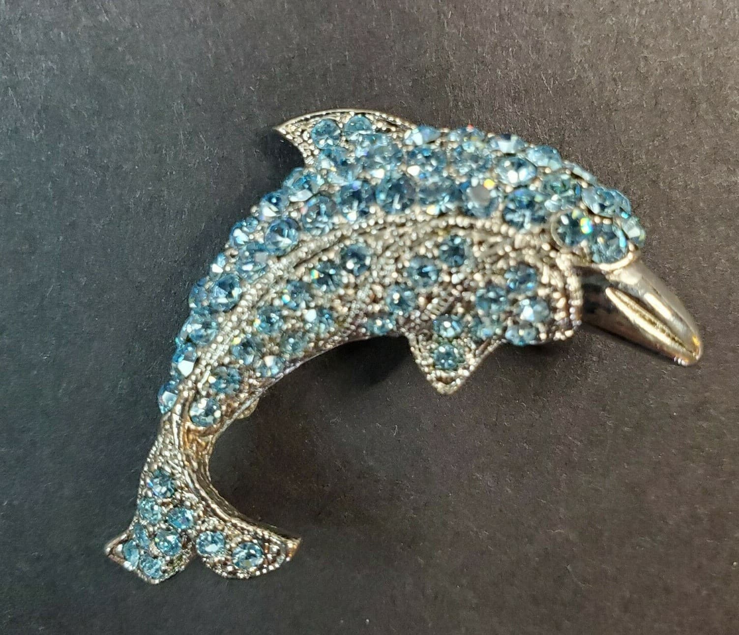 Silver Tone Metal & Blue Rhinestones Dolphin Porpoise Brooch Pin