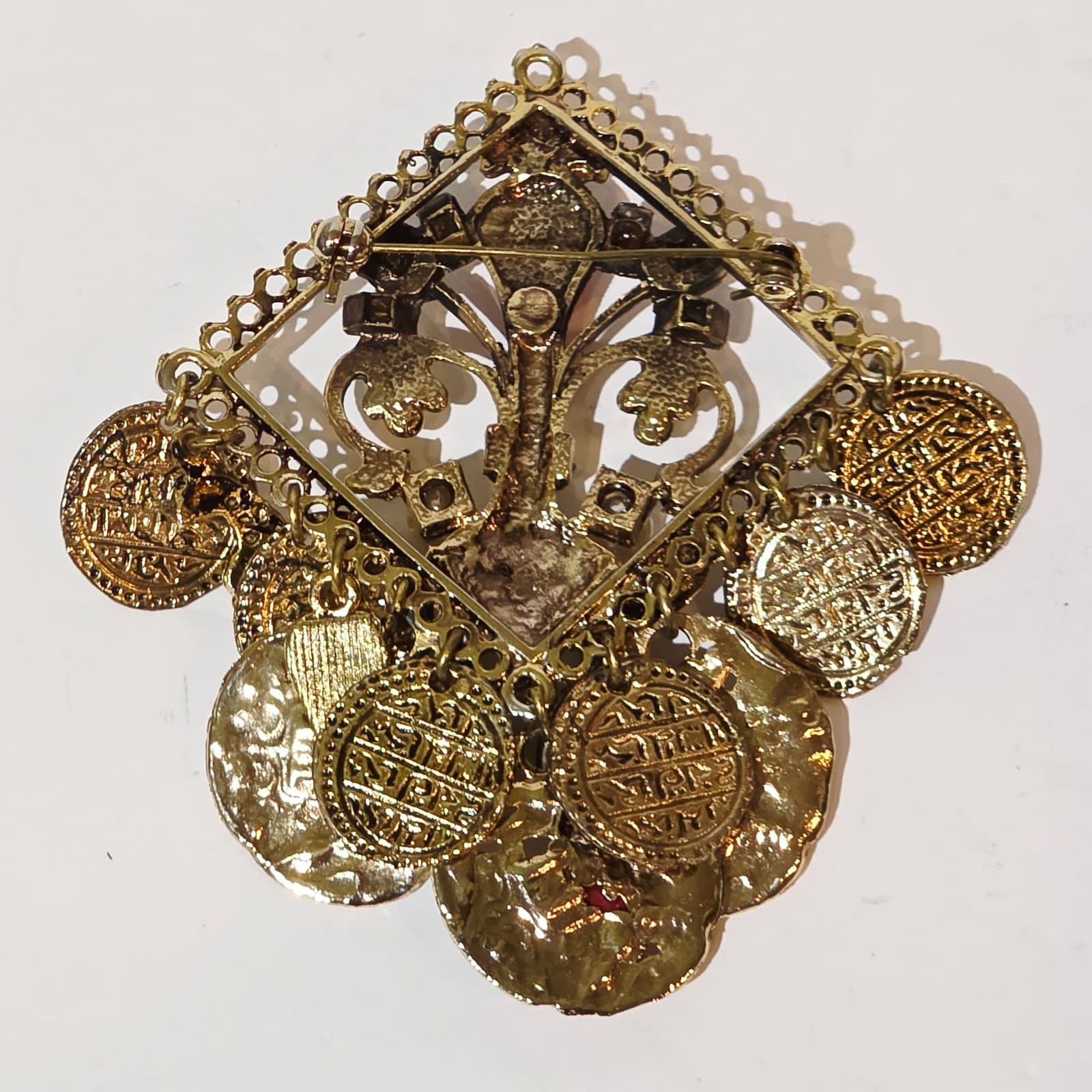 Vtg Gold Tone Open Work Metal Faux Stones Pearls Rhinestones Dangle Brooch Pin - Thumbnail 4