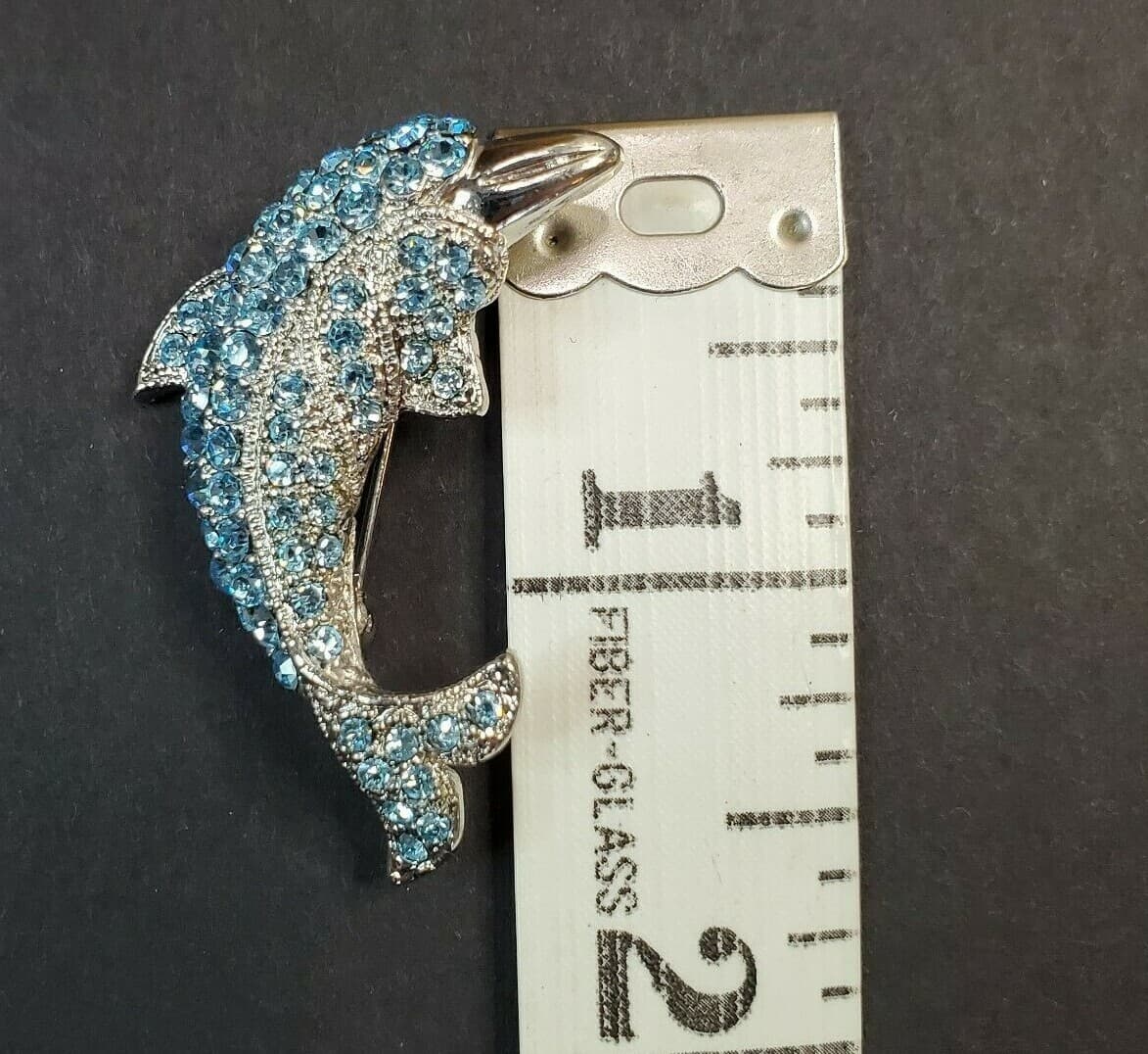 Silver Tone Metal & Blue Rhinestones Dolphin Porpoise Brooch Pin - Thumbnail 4
