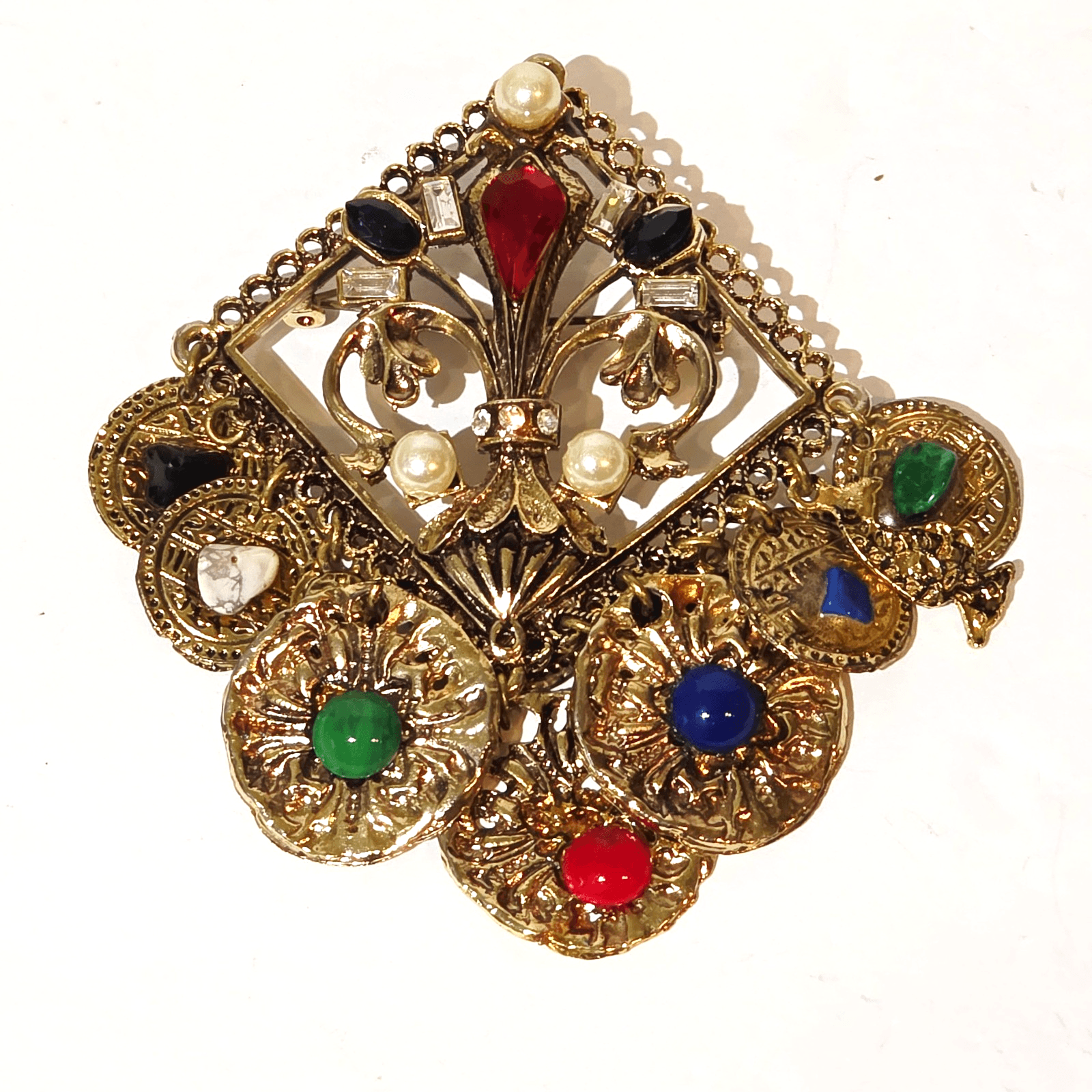 Vtg Gold Tone Open Work Metal Faux Stones Pearls Rhinestones Dangle Brooch Pin
