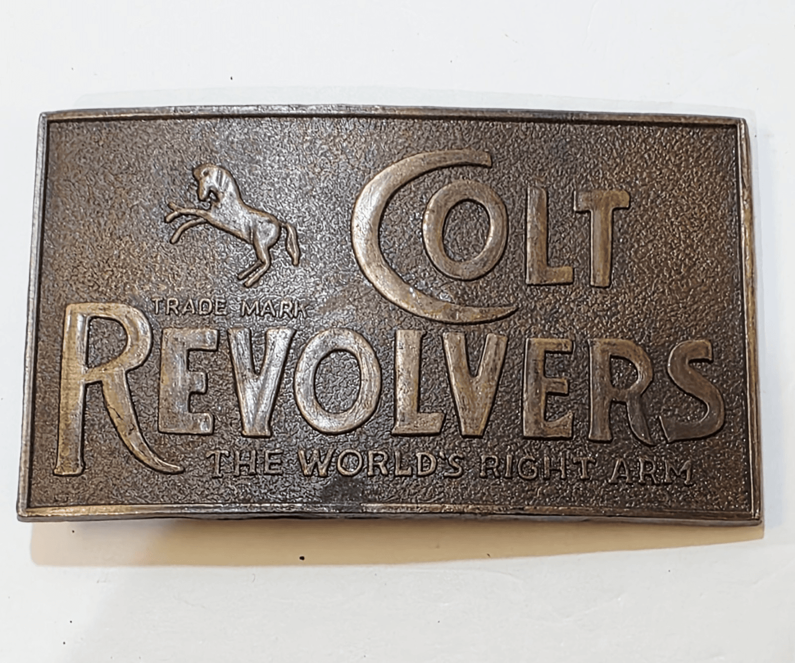 Vintage COLT REVOLVERS The Worlds Right Arm Thin Metal Belt Buckle 4” x 2.25”