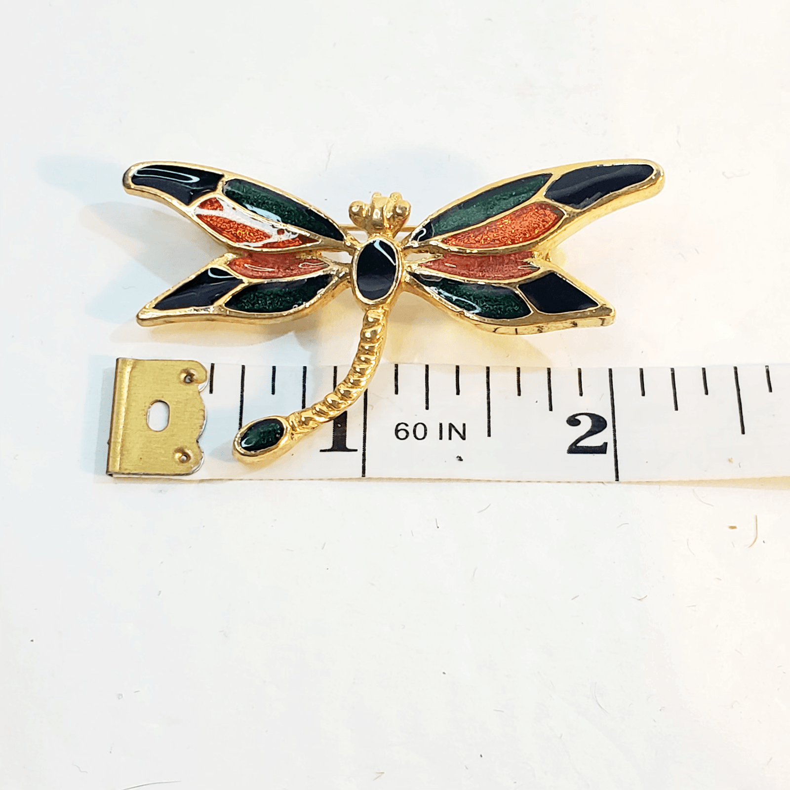Vintage Gold Tone Orange Green Enamel Dragonfly Insect Brooch Pin - Thumbnail 3