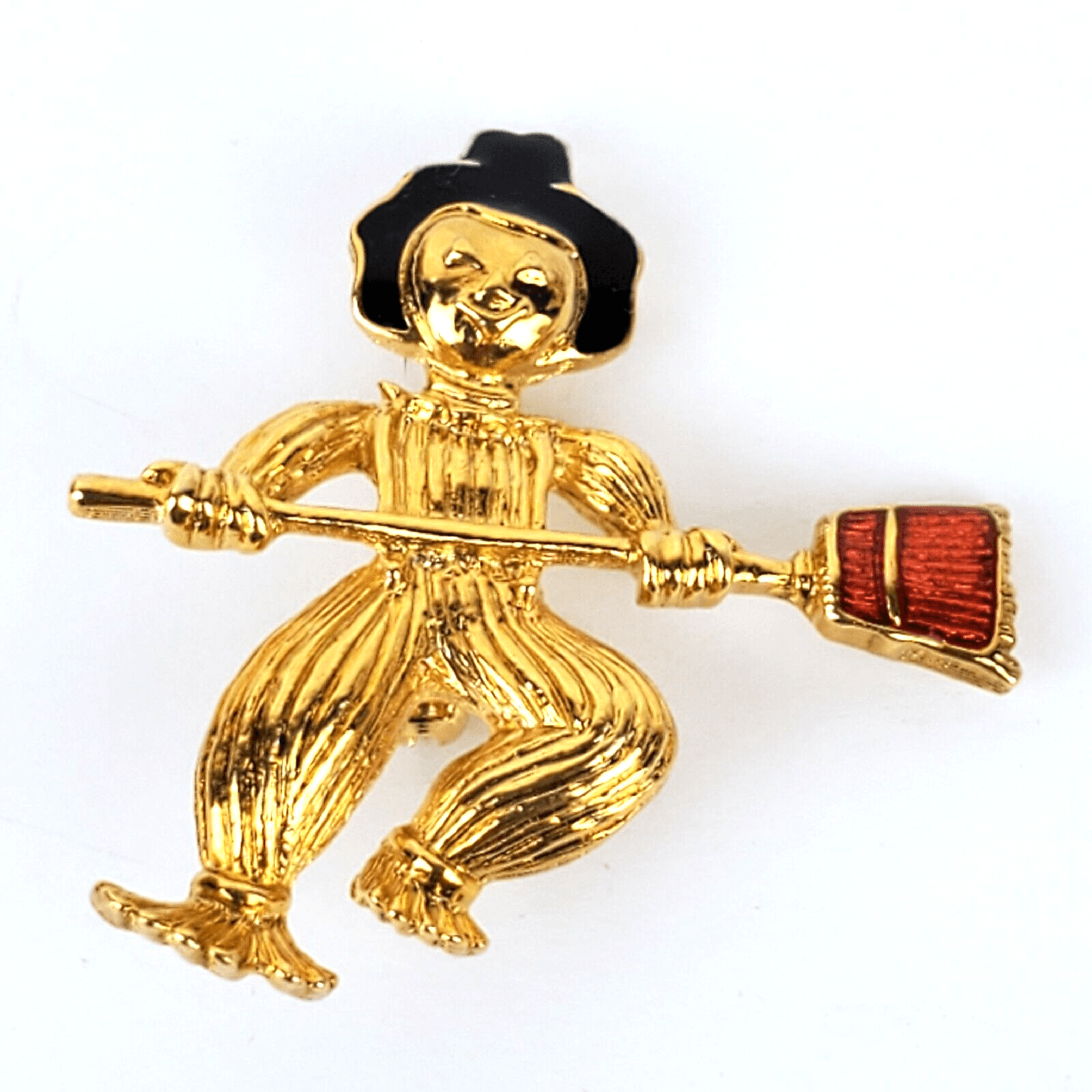 Gold Tone Metal Black Orange Enamel Scarecrow Fall Brooch Pin