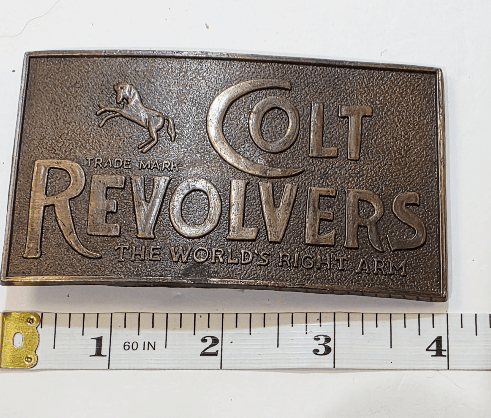 Vintage COLT REVOLVERS The Worlds Right Arm Thin Metal Belt Buckle 4” x 2.25” - Thumbnail 7
