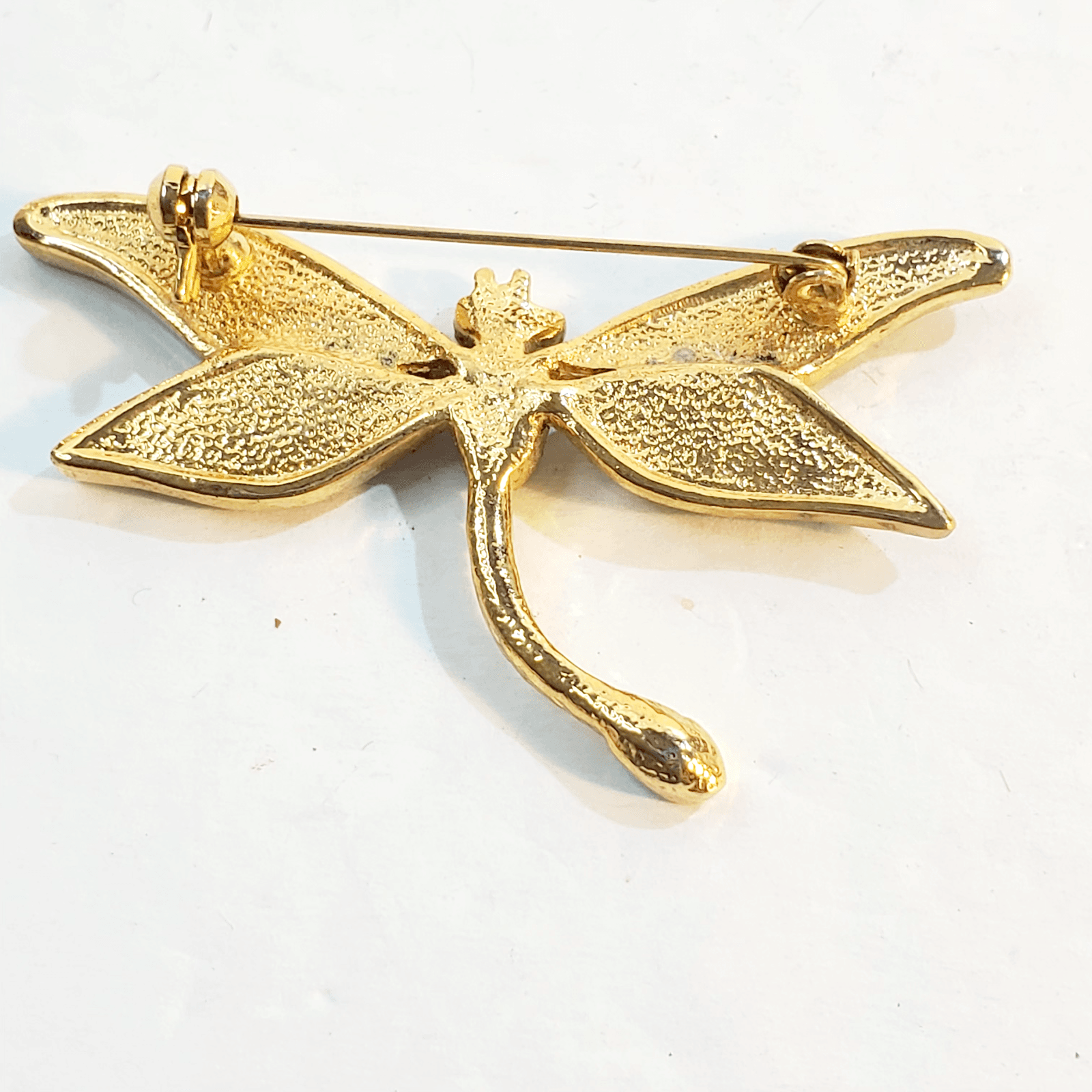 Vintage Gold Tone Orange Green Enamel Dragonfly Insect Brooch Pin - Thumbnail 2