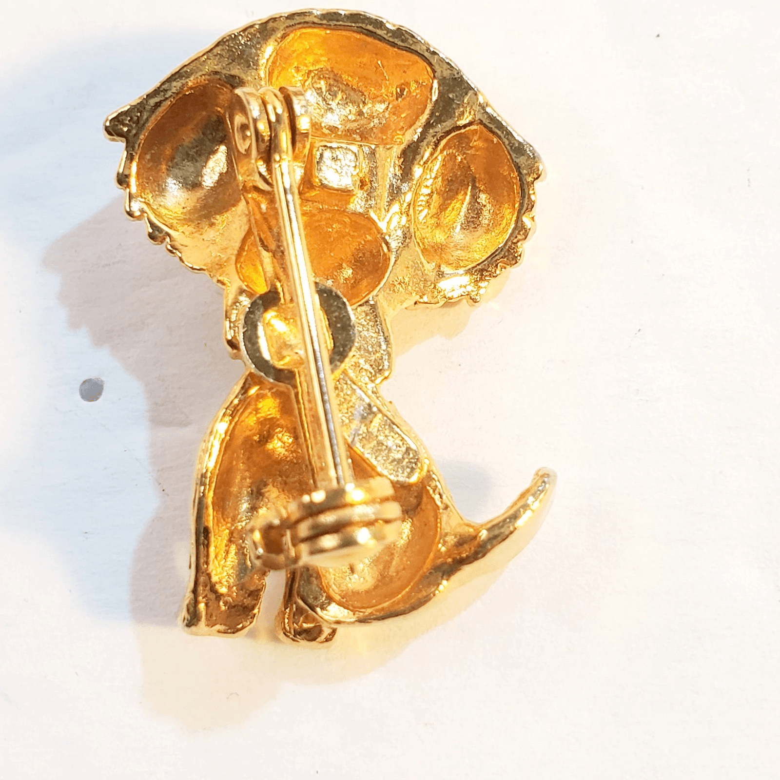 Vintage Gold Tone Metal Enamel Collar Rhinestone Eyes Dog Brooch Pin - Thumbnail 2