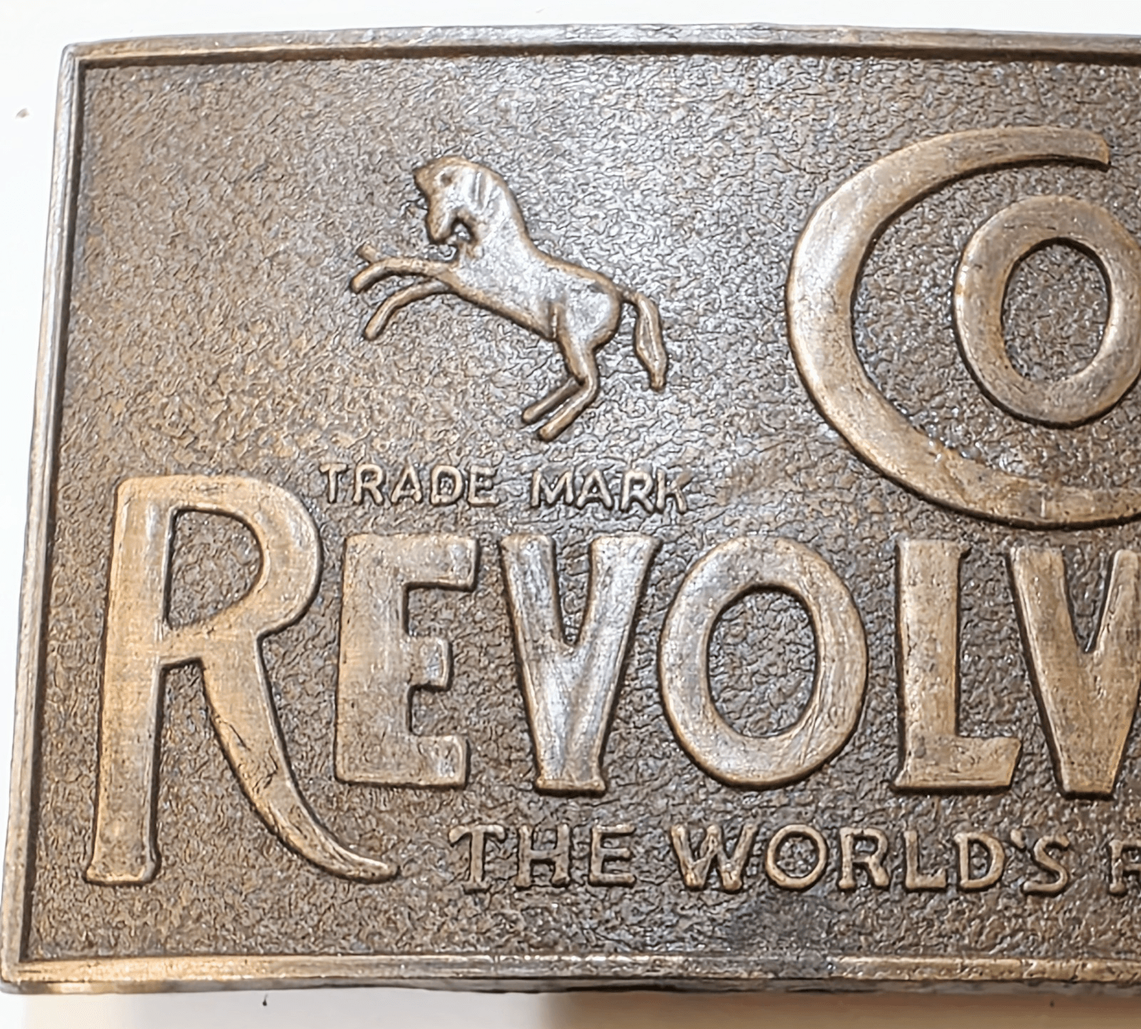 Vintage COLT REVOLVERS The Worlds Right Arm Thin Metal Belt Buckle 4” x 2.25” - Thumbnail 2