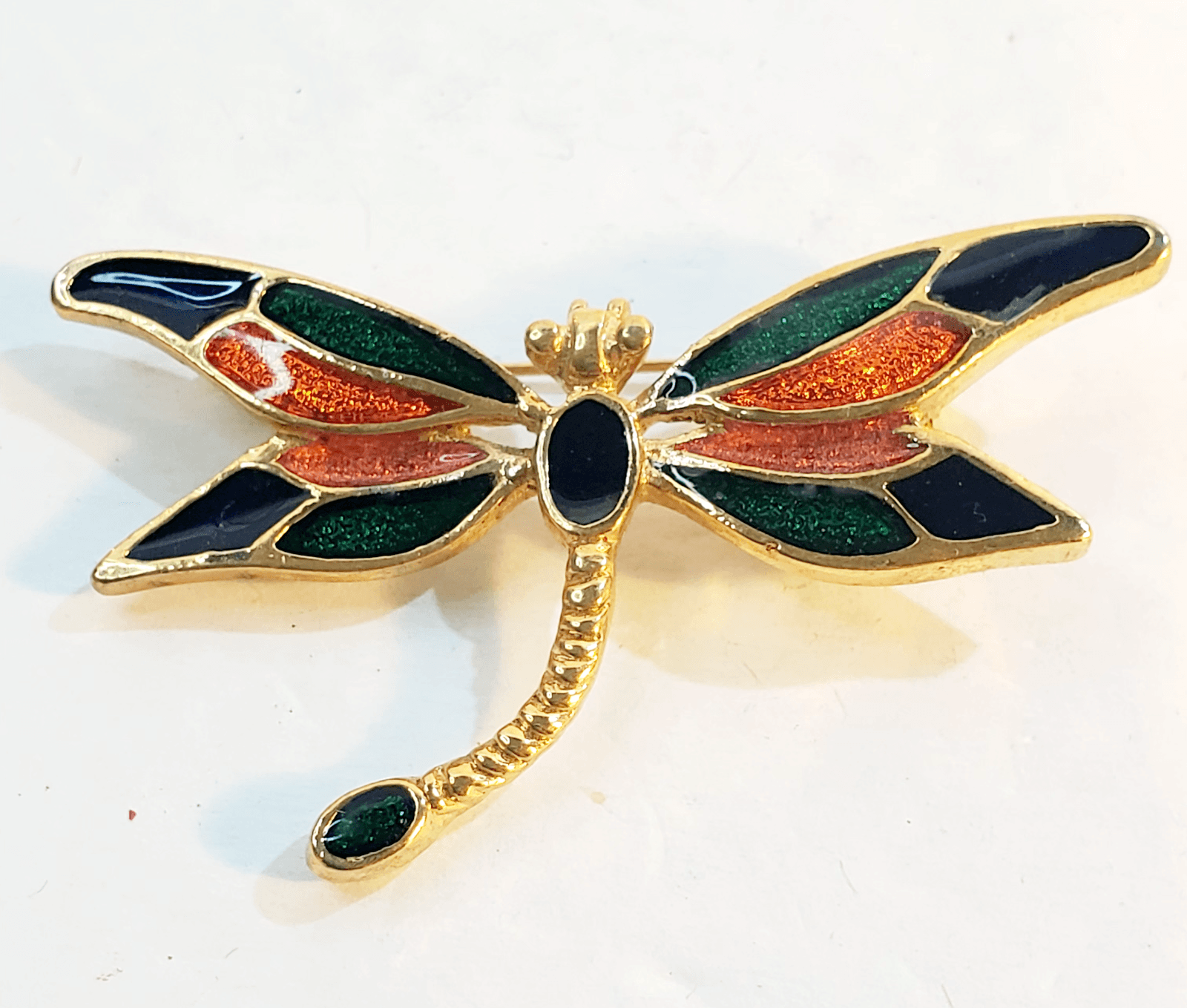 Vintage Gold Tone Orange Green Enamel Dragonfly Insect Brooch Pin