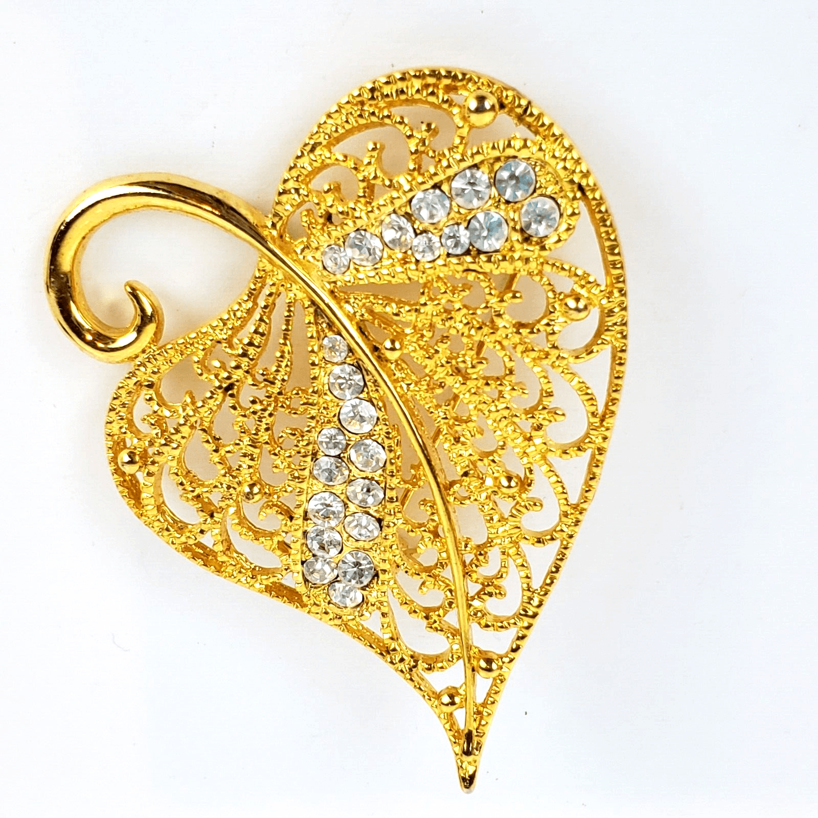 Vintage Gold Tone Filigree Clear Rhinestones Leaf Brooch Pin Autumn Fall