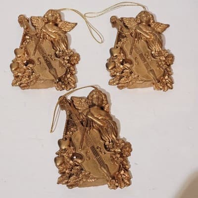 Lot of 3 Vtg Resin Plastic Angels Playing A Cello Gold Tone Christmas Ornaments