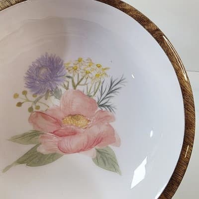 Vtg Ceramic And Wood Wooden Serving Bowl Floral Design Snacks Decor 8" Diameter - Thumbnail 5