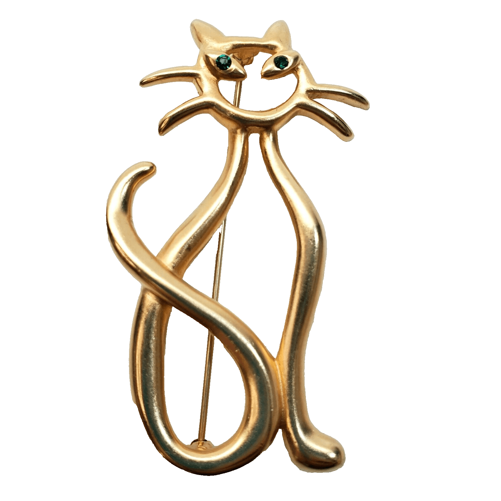 Vtg FO Fernando Originals Matte Gold Tone Green Rhinestone Eyes Cat Brooch Pin
