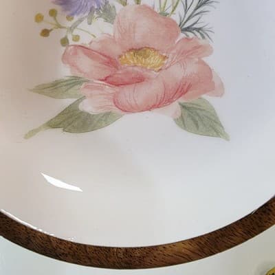 Vtg Ceramic And Wood Wooden Serving Bowl Floral Design Snacks Decor 8" Diameter - Thumbnail 4