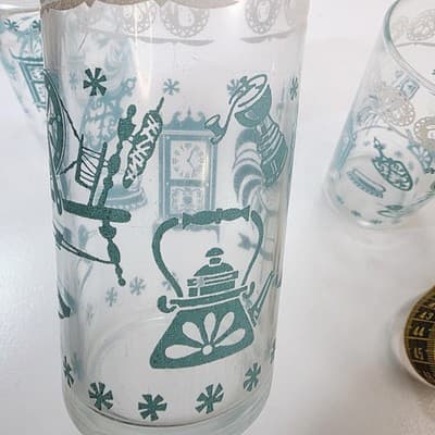 3 Vtg Hazel Atlas Tumblers Glass Rooster Spinning Wheel Clock Iron Teal 5.125" - Thumbnail 5