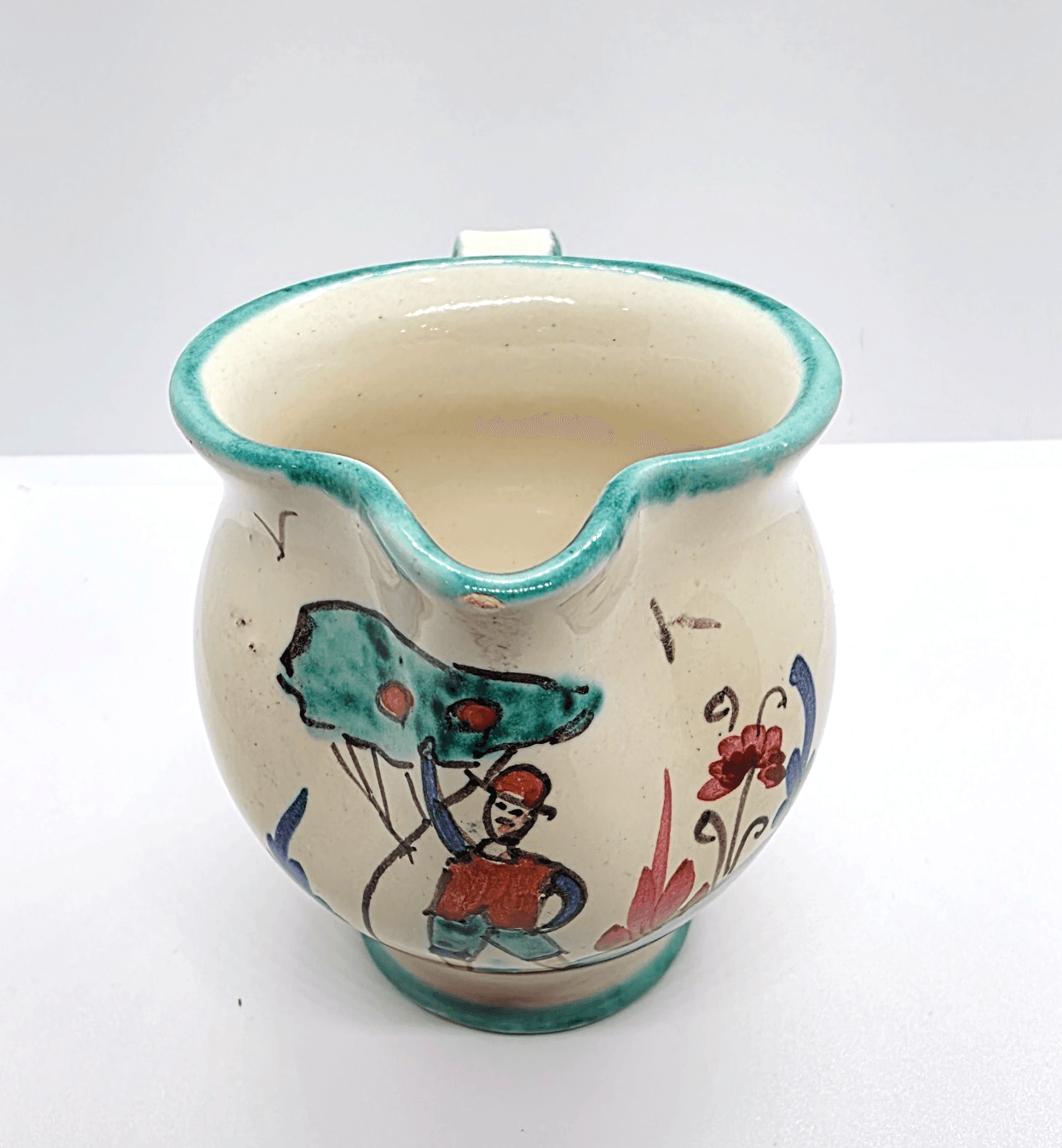 Vtg Ceramic Mini Creamer Pitcher Teal Trim Italian Pottery Vanro Italy H239