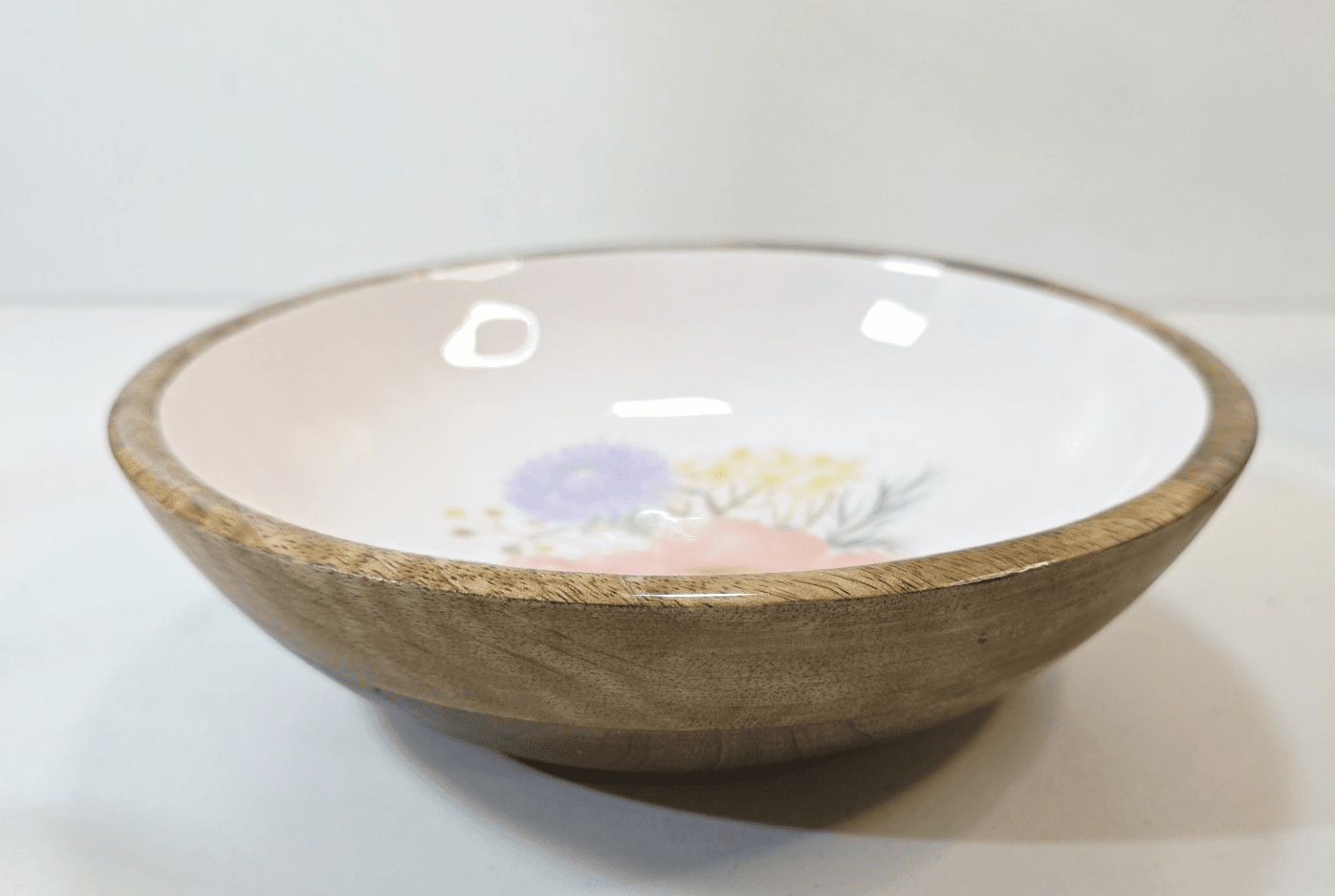 Vtg Ceramic And Wood Wooden Serving Bowl Floral Design Snacks Decor 8" Diameter - Thumbnail 2