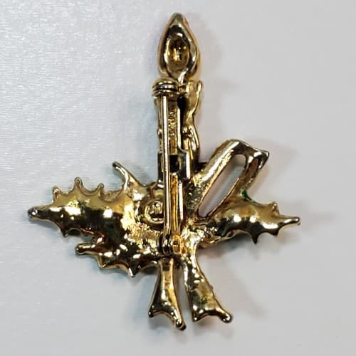 Vintage Gold Tone Metal White Green Red Enamel Candle Holly Christmas Brooch Pin - Thumbnail 2