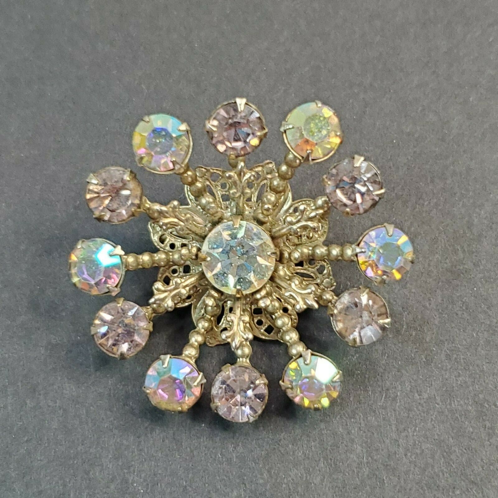 Vintage Gold Tone Filigree & Iridescent Rhinestones Atomic Starburst Brooch Pin