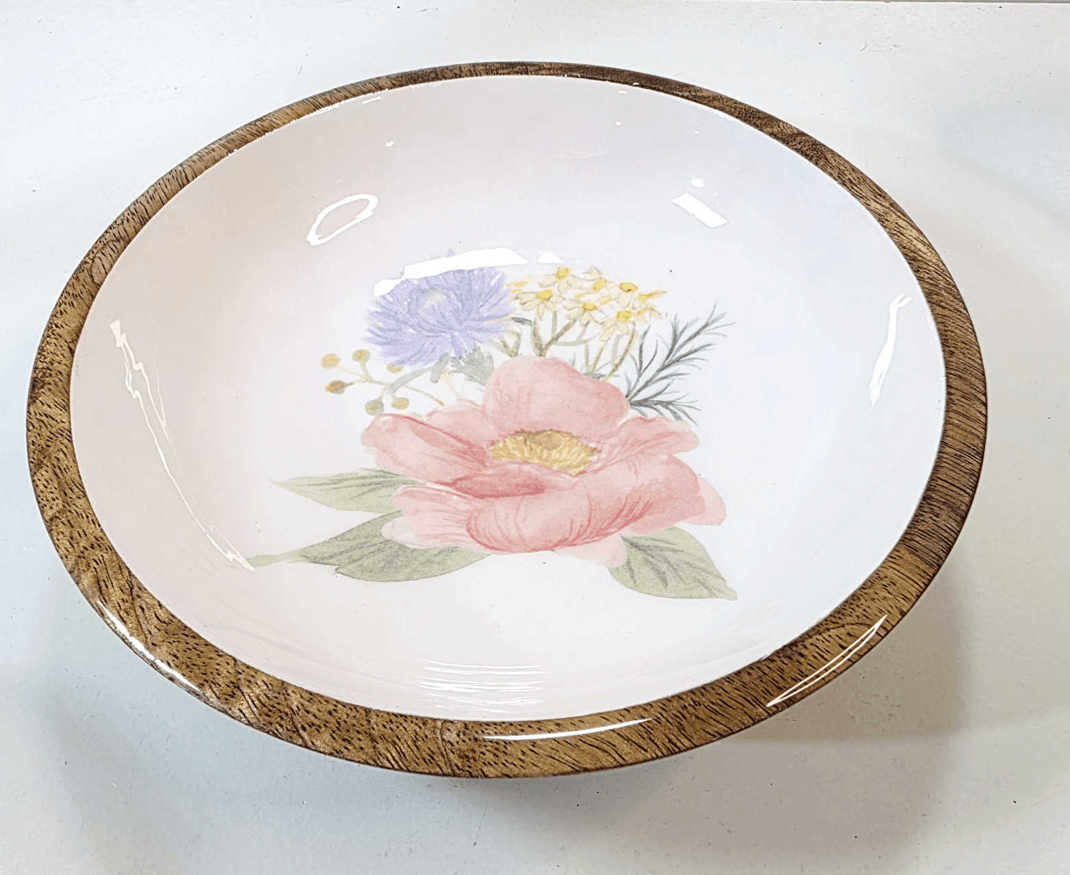 Vtg Ceramic And Wood Wooden Serving Bowl Floral Design Snacks Decor 8" Diameter