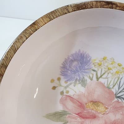 Vtg Ceramic And Wood Wooden Serving Bowl Floral Design Snacks Decor 8" Diameter - Thumbnail 3