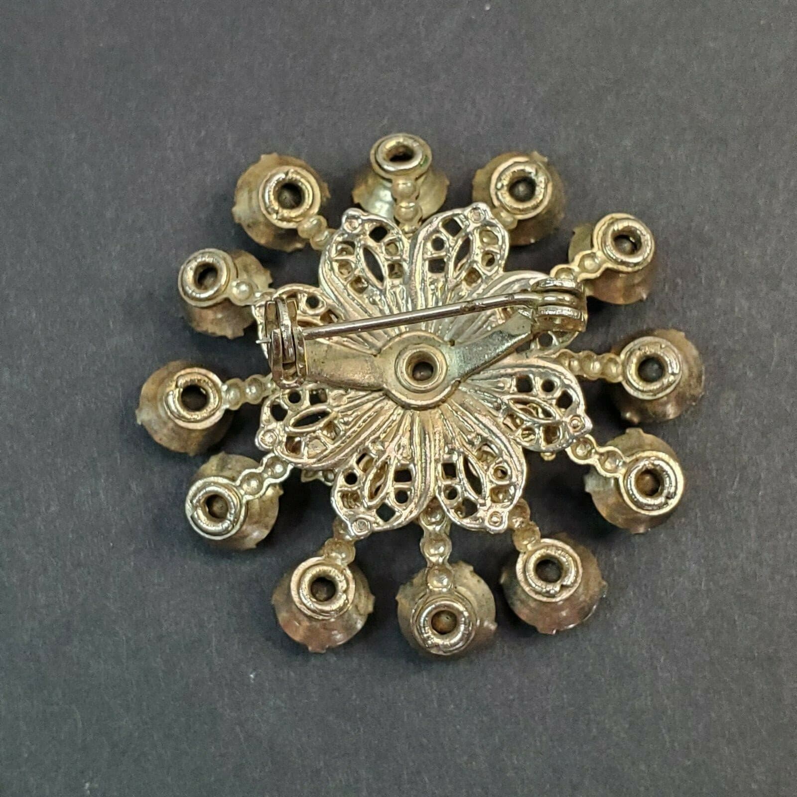 Vintage Gold Tone Filigree & Iridescent Rhinestones Atomic Starburst Brooch Pin - Thumbnail 2