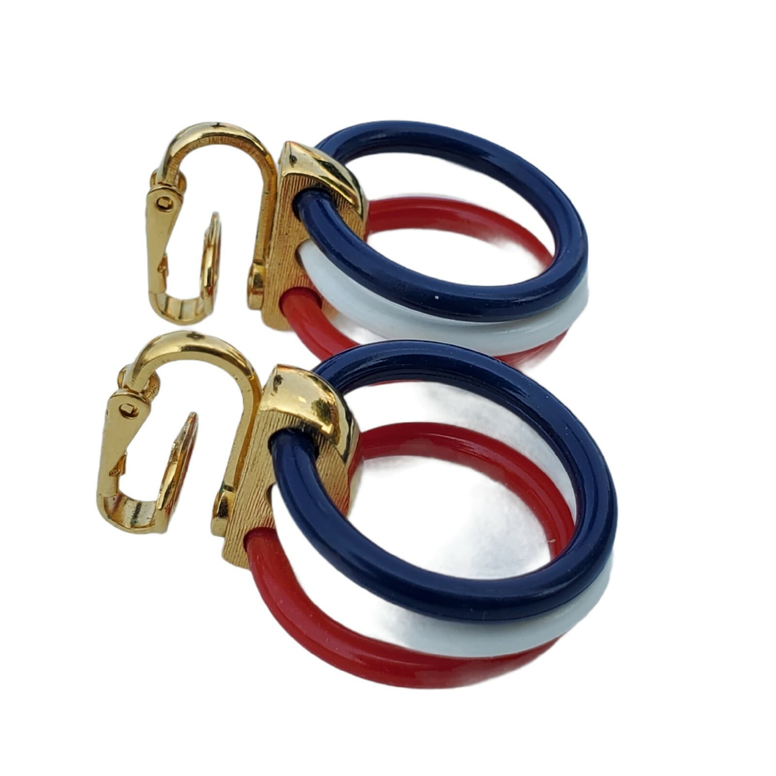 Vintage Crown Trifari Red White Blue Rings & Gold Tone Clip On Earrings - Thumbnail 2