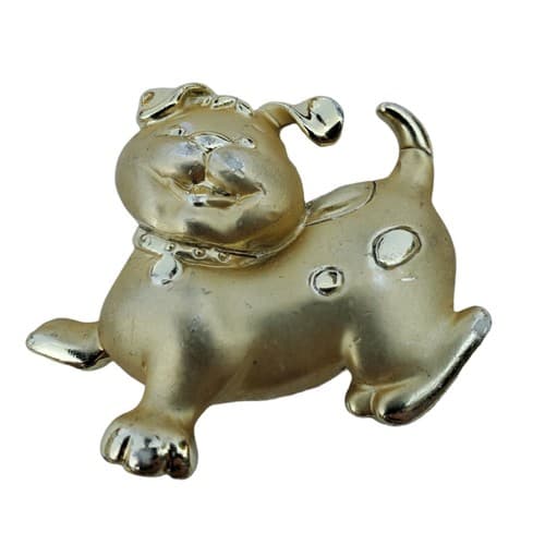 Matte and Shiny Gold Tone Smiling Spotted Happy Dog Puppy Doggie Pin Brooch
