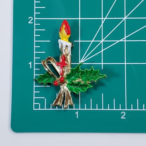 Vintage Gold Tone Metal White Green Red Enamel Candle Holly Christmas Brooch Pin - Thumbnail 3