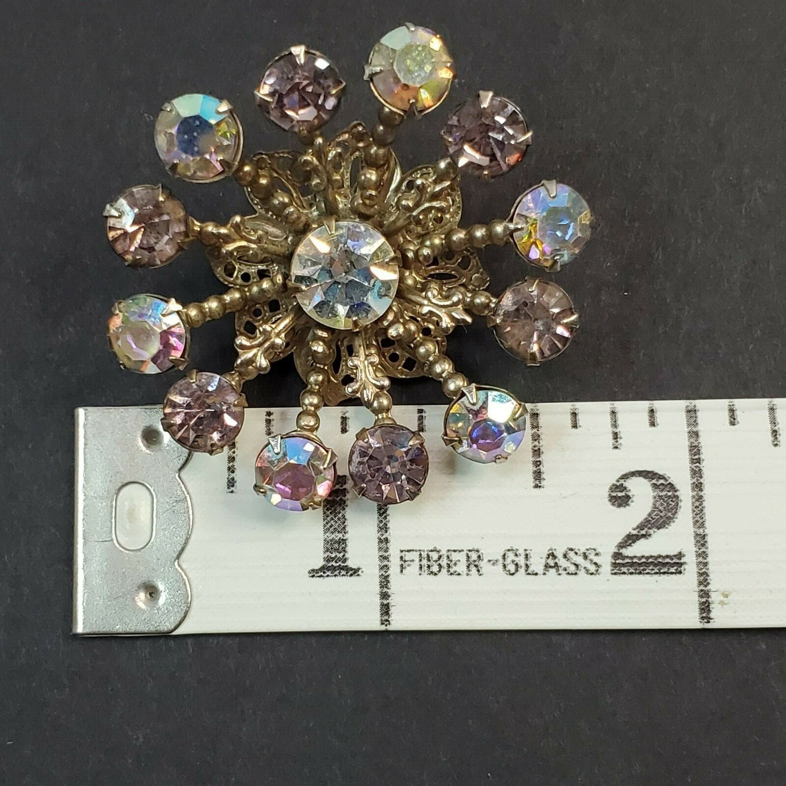 Vintage Gold Tone Filigree & Iridescent Rhinestones Atomic Starburst Brooch Pin - Thumbnail 3