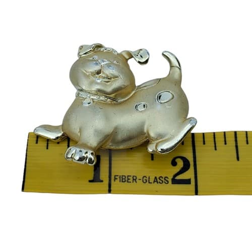 Matte and Shiny Gold Tone Smiling Spotted Happy Dog Puppy Doggie Pin Brooch - Thumbnail 3