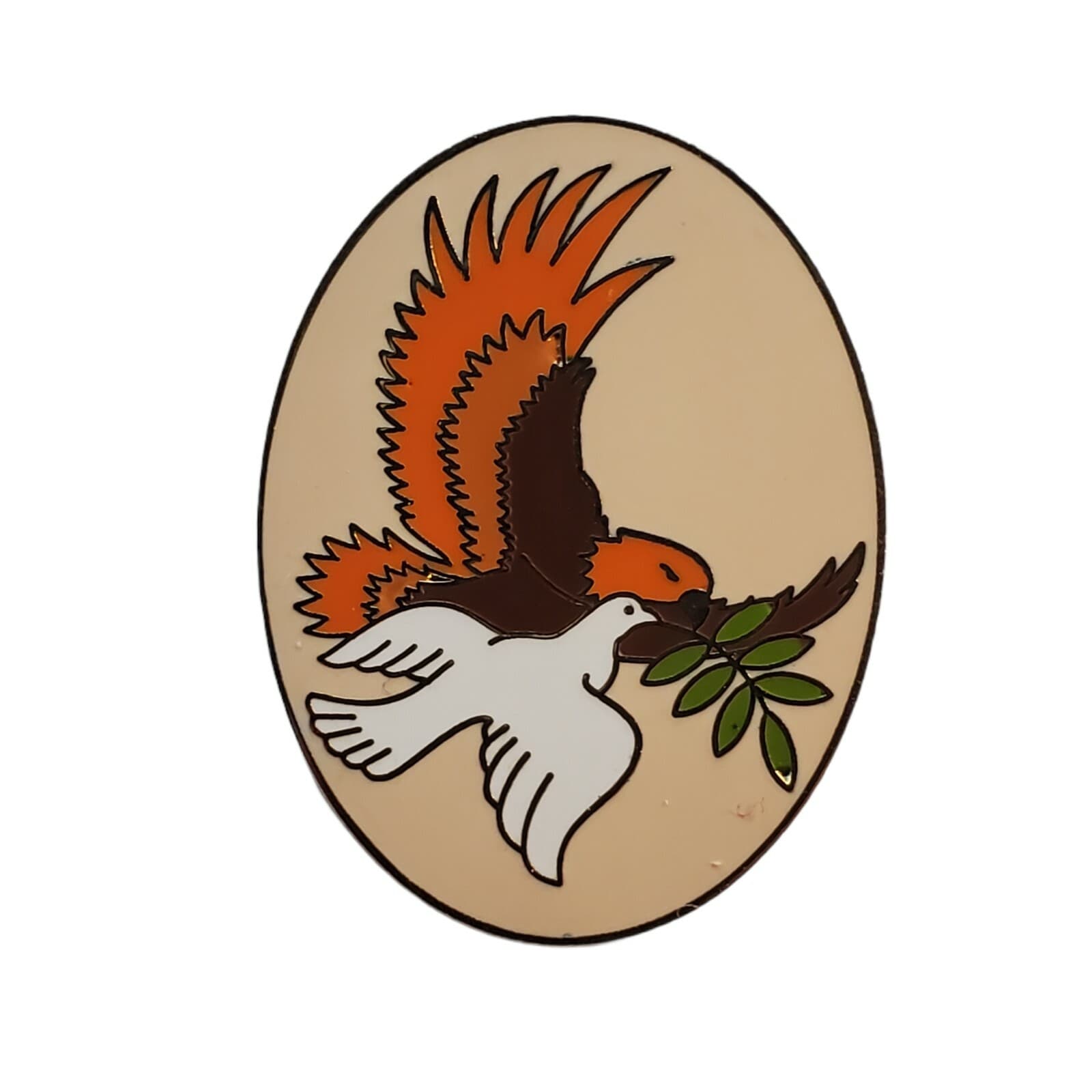 Vintage Signed C Sanders Enamel Dove and Eagle Gold Tone Rim Pin