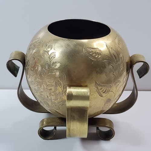 Vtg Small Heavy Brass Footed Bowl Planter Etched Embossed Floral Design Patina