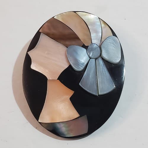 Vtg Lacquered Acrylic with Inlaid Abalone MOP Abstract Woman 3D Bow Brooch Pin