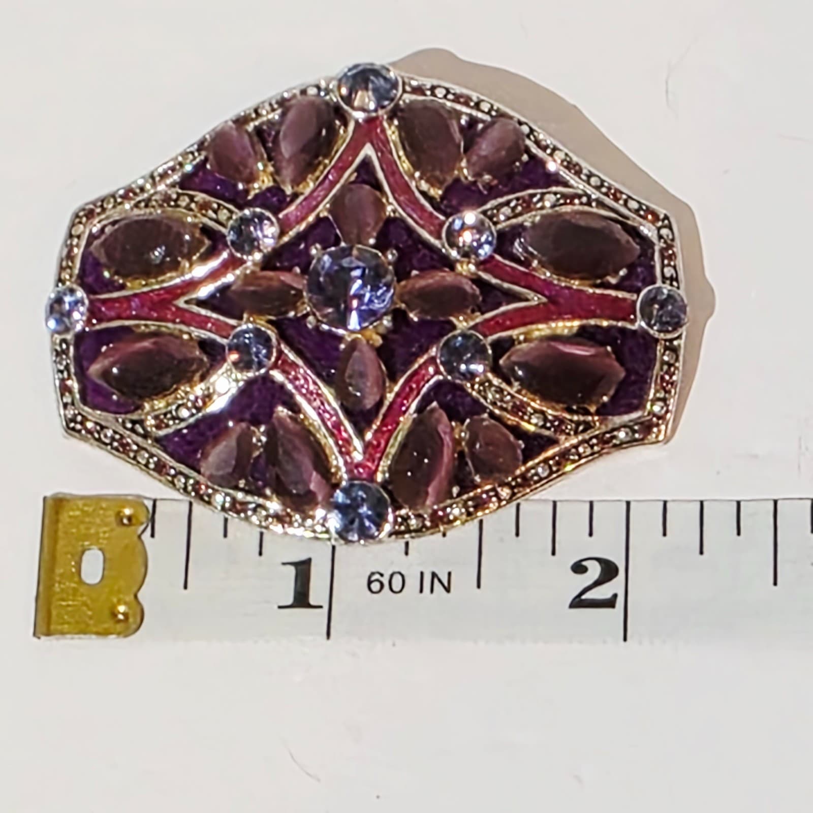 Vintage Monet Silver Tone Blue Purple Rhinestones Rectangular Brooch Pin - Thumbnail 4