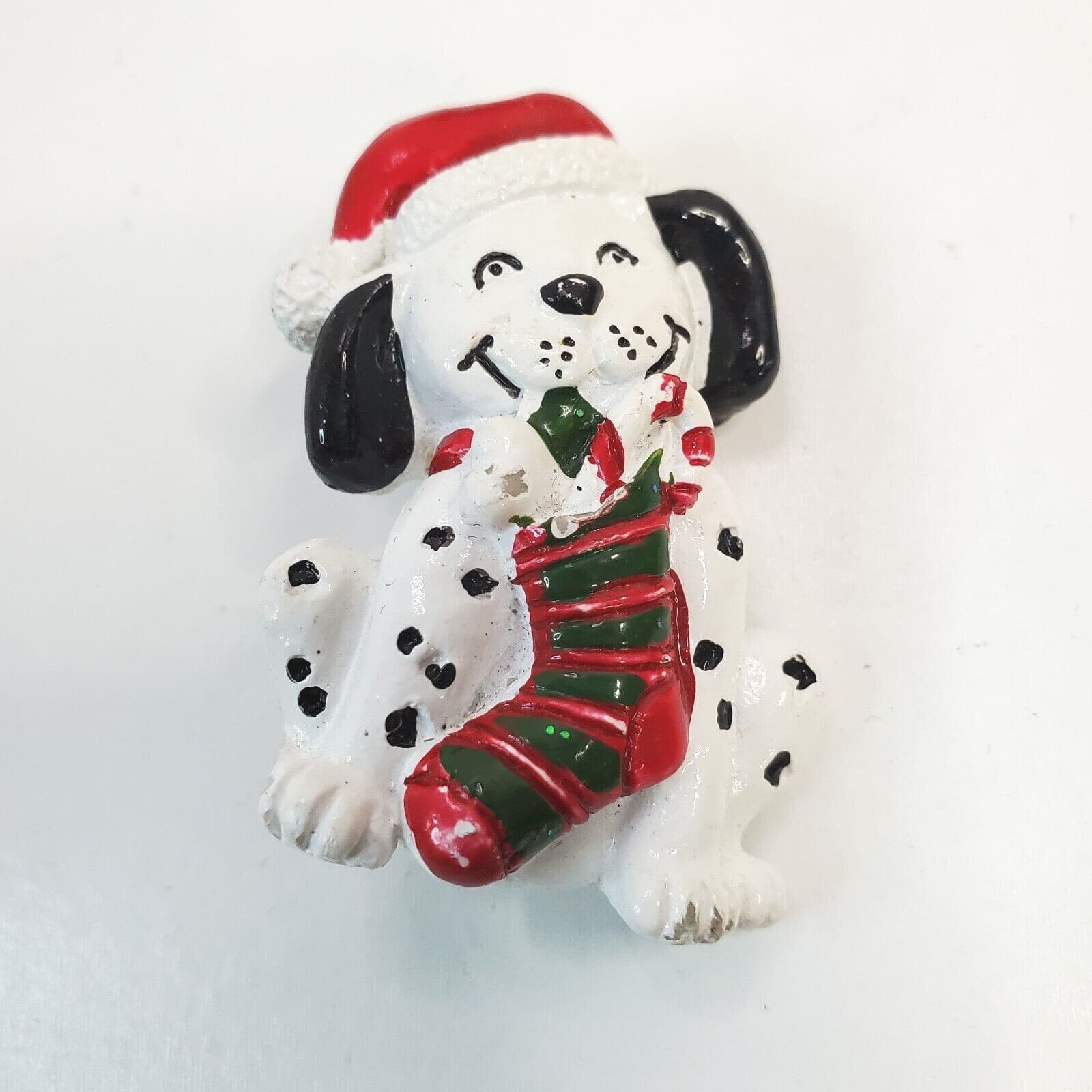 Vintage Dalmation Holding Christmas Stocking Pin White Black Red Brooch
