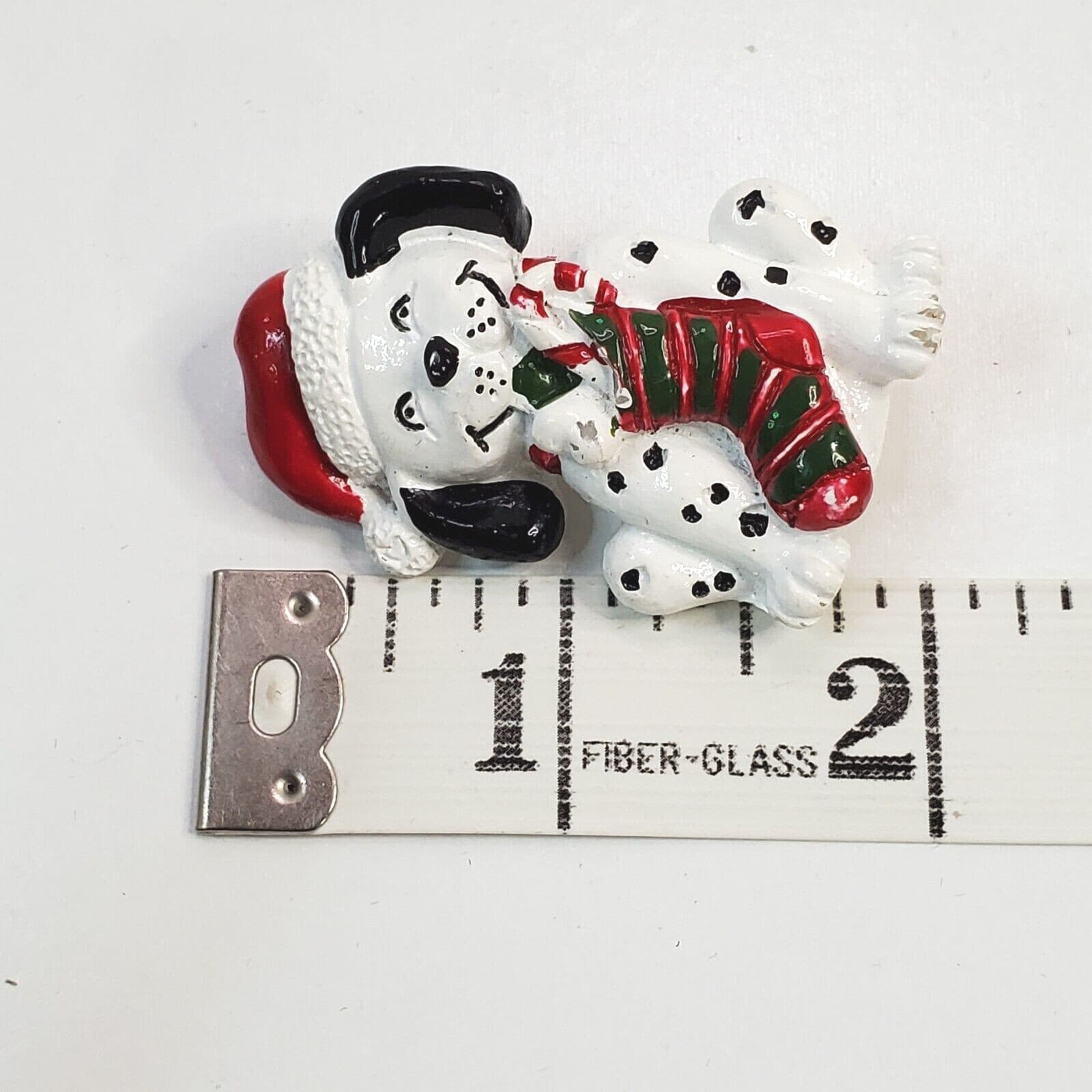 Vintage Dalmation Holding Christmas Stocking Pin White Black Red Brooch - Thumbnail 3