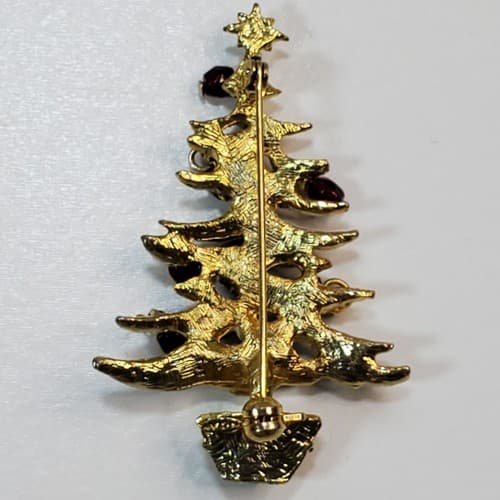 Gold Tone Metal White Green Red Sparkle Enamel Christmas Tree Brooch Pin - Thumbnail 2