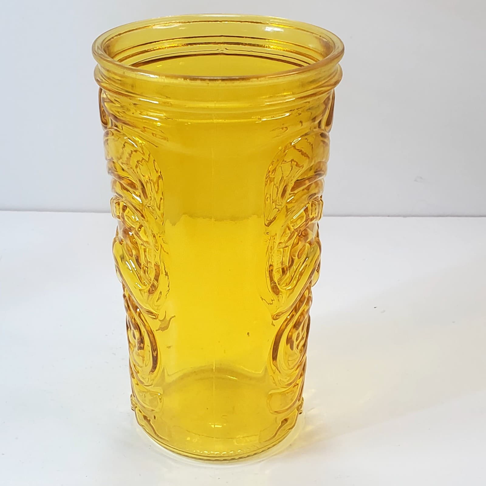 Vtg Tiki Glass Large 20 oz Hawaiian Luau Tumbler Glass Bar Bright Yellow Face - Thumbnail 3